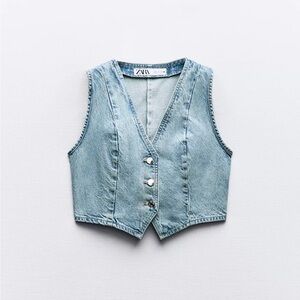 Zara Sky Blue Denim Buttoned Vest